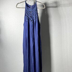 Faroro Blue Halter-Neck Dress w Crochet Lace Neckline Overlay SZ XXL